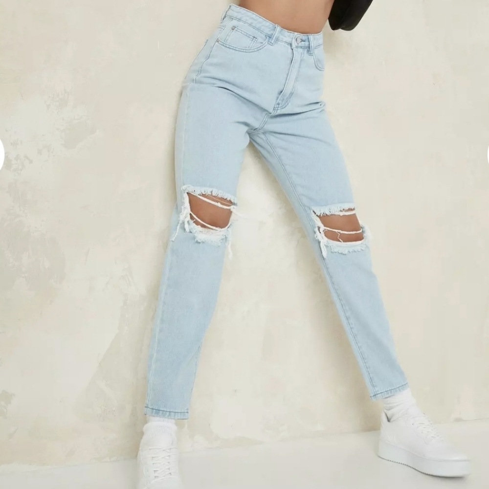 Missguided Light Blue Double Knee Riot Jean